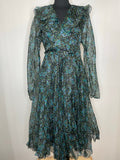 1970s Italian Silk Long Sleeve Ditsy Floral Midi Day Dress UK 14