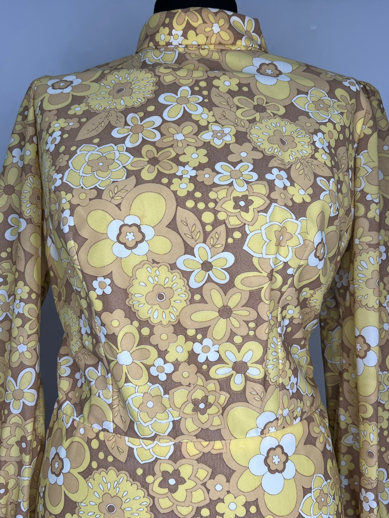 Yellow  womens  vintage  roll neck  retro  maxi dress  floral print  dress  button cuffs  brown  balloon sleeves  balloon sleeve  60s  1960s  14