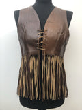 1970s Leather Fringed Lace Up Waistcoat in Brown - Size 8