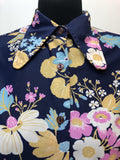 womens  vintage  top  multi  floral print  Blue  blouse  beagle collar  70s  1970s  12
