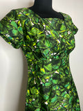 womens  vintage  urban village  swing dress  spring  rockabilly  print  leafy  leaf print  leaf  green  full skirt  floral  fitted waist  dress  day dress  cotton dress  clothing  50s  1950s  10