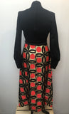 womens vintage Red patterned maxi dress lurex long sleeves long dress gold metallic dress black balloon sleeves 8 60s 1960s urban village vintage