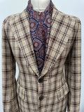 XS  vintage  Urban Village Vintage  urban village  retro  mens  large check  lapels  Jacket  dark brown  cream  coat  checkered  checked  check lining  check coat  check  button down  button  brown  blazer jacket  Blazer  belted blazer  70s  1970s