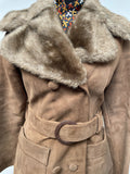 womens coat  womens  welbar  waist belt  vintage  Suede Jacket  Suede  silk  sand  MOD  mink  made in england  long sleeve  long length coat  long coat  light brown  faux fur  faux collar  faux  decorative buttons  coat  button front  button detail  button  brown  Belted waist  belted jacket  belted  8  60s  1960s