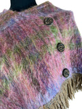 vintage  Urban Village Vintage  shoulder cape  short length  S  purple  poncho  mohair  mauve  fringed  check  cape  button  60s  1960s