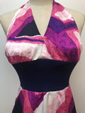 4  zip  womens  white  vintage  Urban Village Vintage  urban village  purple  print dress  pink  multi  maxi dress  halter neck  dress  Claudie Amos  back zip  70s  1970s