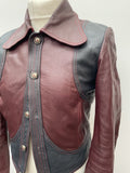 zinaldi  XS  womens  vintage  stitch detailing  stitch detail  retro  red stitching  Navy  Mens jacket  mens  long sleeve  leather stitch  Leather Jacket  Leather Coat  Leather  cropped  collar  button down  button  burgundy  big collar  Beagle collar  70s  60s  1970s  1960s  12