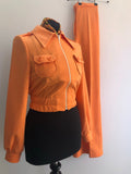 womens  vintage  two piece  trousers  top  suit  set  orange  mod  matching set  Jacket  high waisted  flares  Dawn Breakers  Dana Mckinnon  dagger collar  cropped jacket  balloon sleeve  8  70s