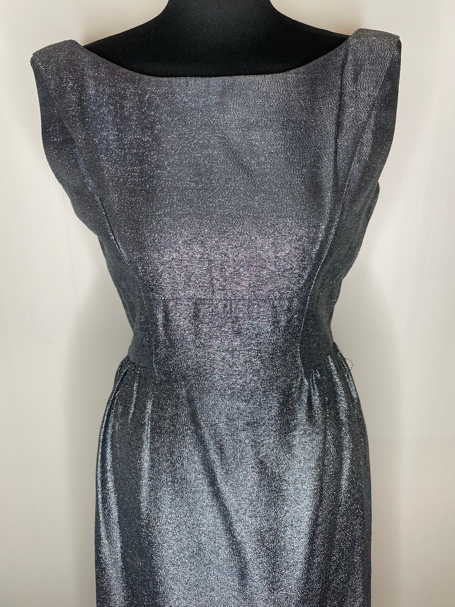 womens  wiggle dress  vintage  Urban Village Vintage  sparkly  silver  shift dress  shift  party  new year  lurex  grey  glitter  glam  festive  dress  crepe  christmas  bow  boat neck  60s  50s  1960s  1950s  10