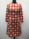 1960s Long Sleeved Argyle Pattern Dress by David Jones in Red and Orange - Size 8