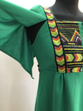 womens  vintage  Urban Village Vintage  tie back belt  retro  print dress  MOD  green  dress  beading detail  aztec print  70s  70  1970s  10