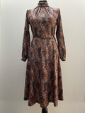 womens  vintage  turtle neck  secretary dress  secretary  roll neck  retro  Paisley Print  paisley  midi dress  midi  long sleeve  dress  brown  70s  1970s  10