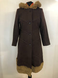 1970s Faux Fur Trim Hooded Wool Coat in Brown -  Size UK 10