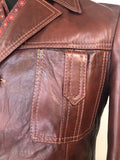 vintage  Urban Village Vintage  urban village  stitch detailing  S  pockets  mens  long sleeve  Leather Jacket  Leather Coat  Leather  Jacket  collar  chest pockets  brown leather  brown  big collar  70s style  70s  1970s