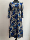 1950s Rose Print Fitted Square Neck Long Sleeve Dress - UK 10