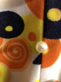Yellow  womens  white  vintage  Urban Village Vintage  triangle print  retro  psychedelic  psych  print dress  orange  navy  multi  MOD  dress  decorative buttons  circle print  bow detail  60s  1960s  12