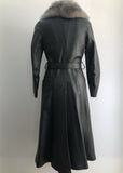 womens  vintage  Urban Village Vintage  urban village  sheepskin collar  retro  long sleeve  long length coat  long length  Leather Jacket  Leather Coat  Leather  grey sheepskin  fully lined  collar  button fastening  button  Black Leather  black  70s  1970s  10