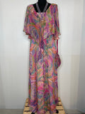 1970s Pink Flutter Sleeve Maxi Summer Dress With Bag and Necklace - Size 10