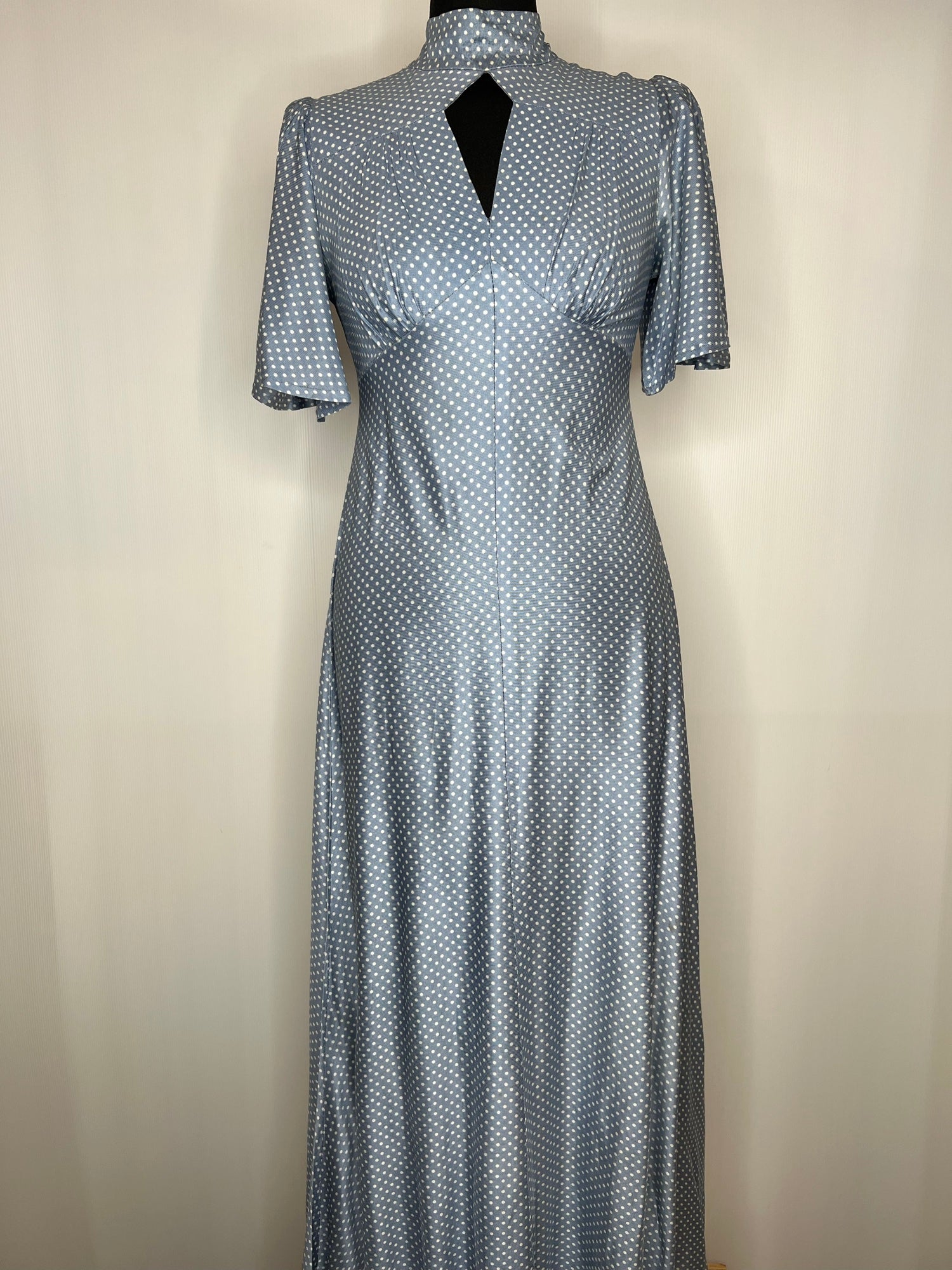 princess polly baby blue dress Vintage 1970’s deep navy dreamy dark floral cold rayon maxi dress with  gigantic ruffle trimmed angel sleeves, scooped neckline, tie waist main image 0