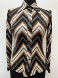 zig zag  womens  vintage  Urban Village Vintage  urban village  summer blouse  Stripes  shirt  nylon  long sleeve  hukap  disco  dagger collar  collar  chevron stripe  chevron  button front  button  brown  blouse  black  big collar  70s  1970s