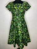 womens  vintage  urban village  swing dress  spring  rockabilly  print  leafy  leaf print  leaf  green  full skirt  floral  fitted waist  dress  day dress  cotton dress  clothing  50s  1950s  10