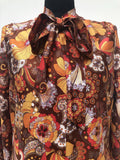 womens  vintage  Urban Village Vintage  orange  neck tie  multi  maxi dress  long sleeve  long dress  high neck  floral print  dress  brown  70s  1970s