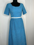 Vintage 1960s Polka Dot Print Maxi Dress in Blue - Size UK 8