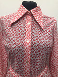 workwear  womens shirt  womens  white  waist belt  vintage  Urban Village Vintage  urban village  summer blouse  summer  sleeve  shirt sleeve  Red  long sleeves  long sleeve  dagger collar  crescent print  circle print  button  blouse  70s  1970s