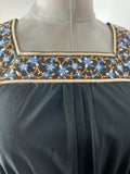 womens  vintage  Urban Village Vintage  tie back belt  summer dress  summer  square neck  Richard Shops  maxi dress  maxi  long sleeved  floral embroidered  Embroidered  dress  bohemian  blue floral pattern  Black  balloon sleeves  balloon sleeve  8  70s  1970s