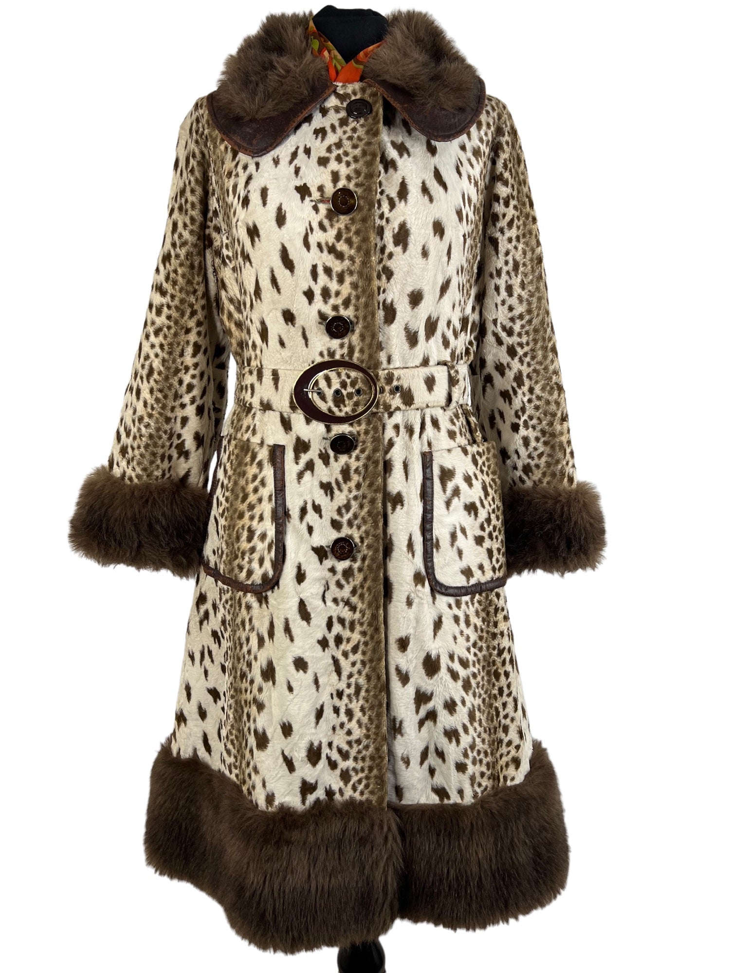 Vintage 1960s Faux Fur Leopard Print and Faux Leather Belted Coat