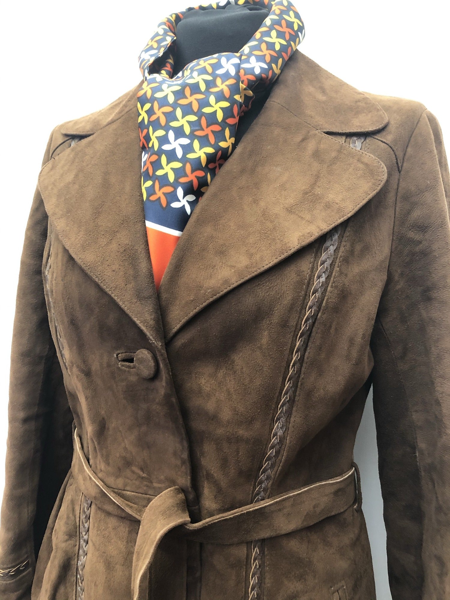 Nestos of Galway  Julian Vard  womens  vintage  Suede Jacket  Suede  long coat  Leather  coat  brown  Braided Leather Detail  70s  60s  1970s  1960s Urban Village Vintage