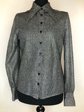 womens  vintage  Urban Village Vintage  urban village  Stripes  silver  shimmer  retro  metallic stitch  metallic  lurex  long sleeve  Jacket  high neck  evening blouse  dagger collar  dagger  collar  blouse  black  70s  1970s  12