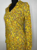 Yellow  womens  vintage  retro  quarter zip  Paisley Print  paisley  Orange  open collar  midi dress  midi  long sleeve  large collar  dress  70s  1970s  14
