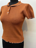 womens top  womens  vintage  Urban Village Vintage  urban village  Three Button  polo top  polo shirt  MOD  light knitwear  light knit  knitwear  knitted  knit  fine knit  collared  collar  button up  brown  blouse  4  3 button  1960s
