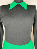 Vintage 1960s Dagger Collar Long Sleeved Mod Knee Length Dress in Green and Black - UK 12