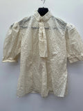 womens  white  vintage  tie neck  summer dress  summer  sheer  puff sleeve  neck tie  MOD  floral lace  floral  evening blouse  Embroidered  Cotton  blouse  8/10  8  70s  60s  1970s  1960s  10