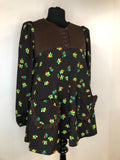womens  vintage  stitch detail  retro  polyester  pockets  MOD  leaf print  Jonathan of Dublin  floral print  floral dress  dress  button front  brown  black  balloon sleeves  balloon sleeve  back zip  60s  1960s