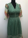 womens  vintage  Urban Village Vintage  summer dress  ruched waist  polka dot  maxi dress  long dress  lace print  hippy  hippie  Green  floral print  floral dress  floral  dress  button front  boho  bohemian  angel sleeve  8  70s  1970s