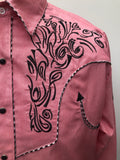 western  vintage  Urban Village Vintage  urban village  retro  Rangers original  press stud fastening  pockets  pink  pearl snap  mens  L  embroidered pattern  Embroidered  Cowboy Shirt  cowboy  collar  button  black embroidery  70s  1970s  Online store