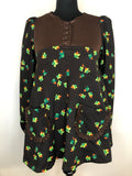 womens  vintage  stitch detail  retro  polyester  pockets  MOD  leaf print  Jonathan of Dublin  floral print  floral dress  dress  button front  brown  black  balloon sleeves  balloon sleeve  back zip  60s  1960s