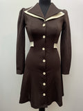 womens  waist belt  vintage  sailor dress  sailor collar  sailor  retro  midi dress  midi  long sleeve  jon adam  high neck  dress  dark brown  button up  button detailing  button  brown  Belted waist  belted dress  belted  belt detail  belt  8  70s  1970s