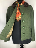 wool coat  wool  womens  vintage  Urban Village Vintage  urban village  striped  short  Jacket  Green  cropped  crop jacket  coney fur collar  Coney Fur  coney  collar  big collar  50s  1950s  12  100% Wool
