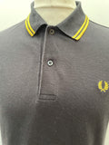 Yellow  vintage  urban village  tipped  stripey  Stripes  striped  stripe  sportswear  short sleeved  short sleeve  retro  polo top  polo  MOD  mens  L  Fred Perry  fred  collared  collar  button  black  Online store