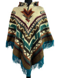 Vintage 1970s Navajo Western Hooded Fringed Poncho in Brown and Turquoise - Size S