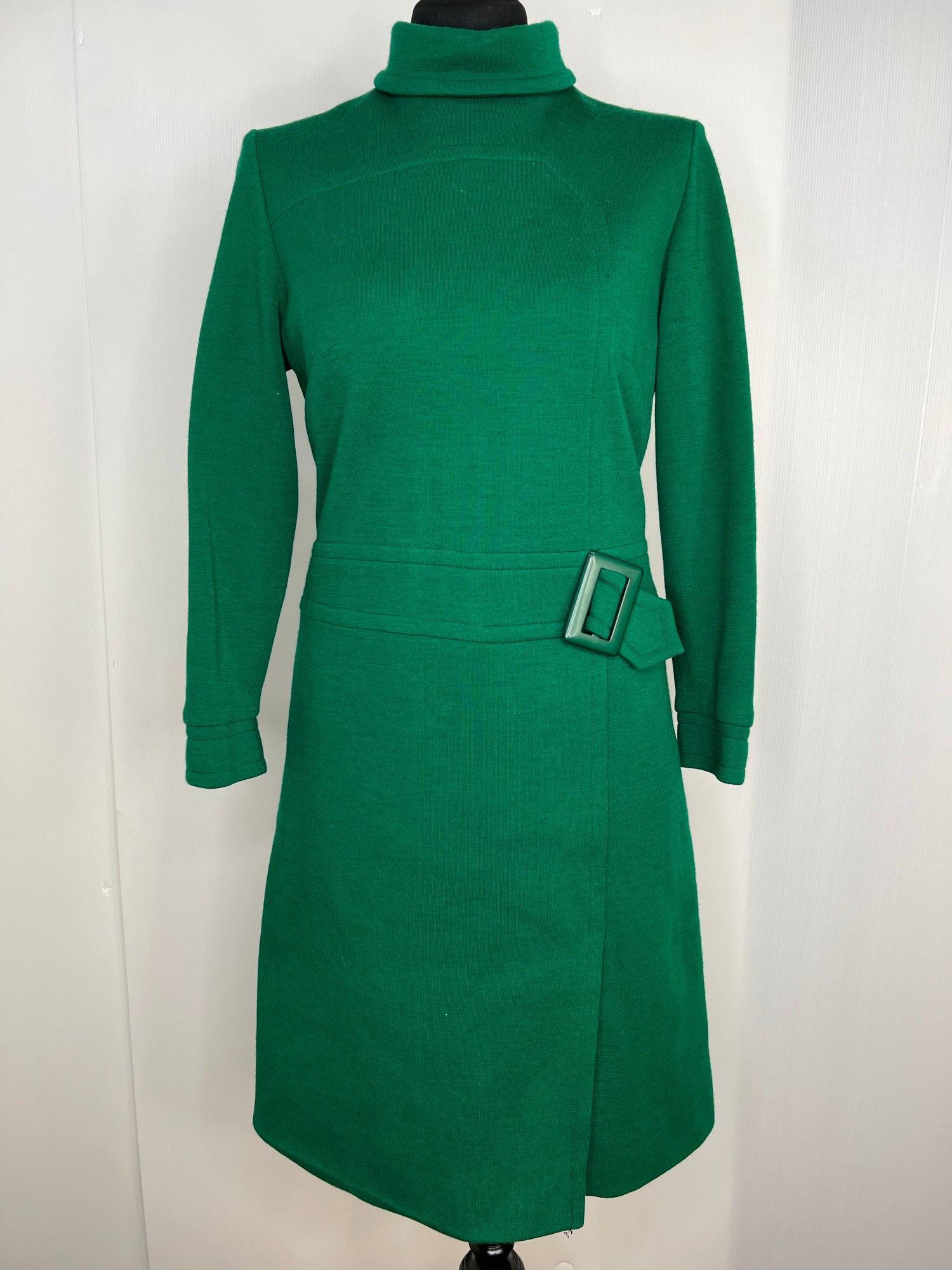 Vintage 1960s Roll Neck Long Sleeve Mod Dress in Green by David Gibson - Size UK 12