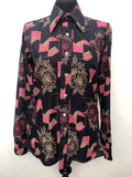 1970s Floral Print Blouse - Navy and Pink - Size 12