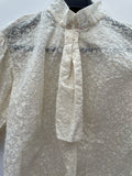 womens  white  vintage  tie neck  summer dress  summer  sheer  puff sleeve  neck tie  MOD  floral lace  floral  evening blouse  Embroidered  Cotton  blouse  8/10  8  70s  60s  1970s  1960s  10