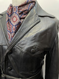 wooden buttons  vintage  Urban Village Vintage  urban village  S  retro  pockets  Mens jacket  mens coat  mens  Leather  Jacket  decorative buttons  collar  coat  buttown  button down  black  big collar  Belted waist  belted jacket  belted  belt  70s  70  3 button  1970s