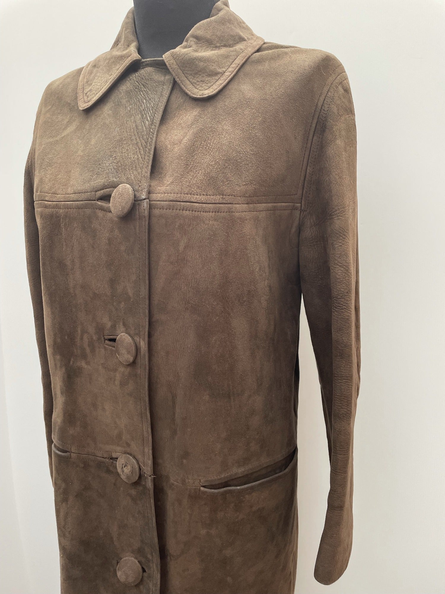 womens coat  womens  vintage  Suede Jacket  Suede  silk  retro  long sleeve  long length coat  lining  heatonex  dress  coat  button down  button  brown  70s  1970s  16
