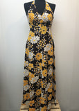 Yellow  womens  vintage  v neck  Urban Village Vintage  summer dress  sleeveless  maxi dress  maxi  long dress  floral print  dress  brown  8  70s  1970s